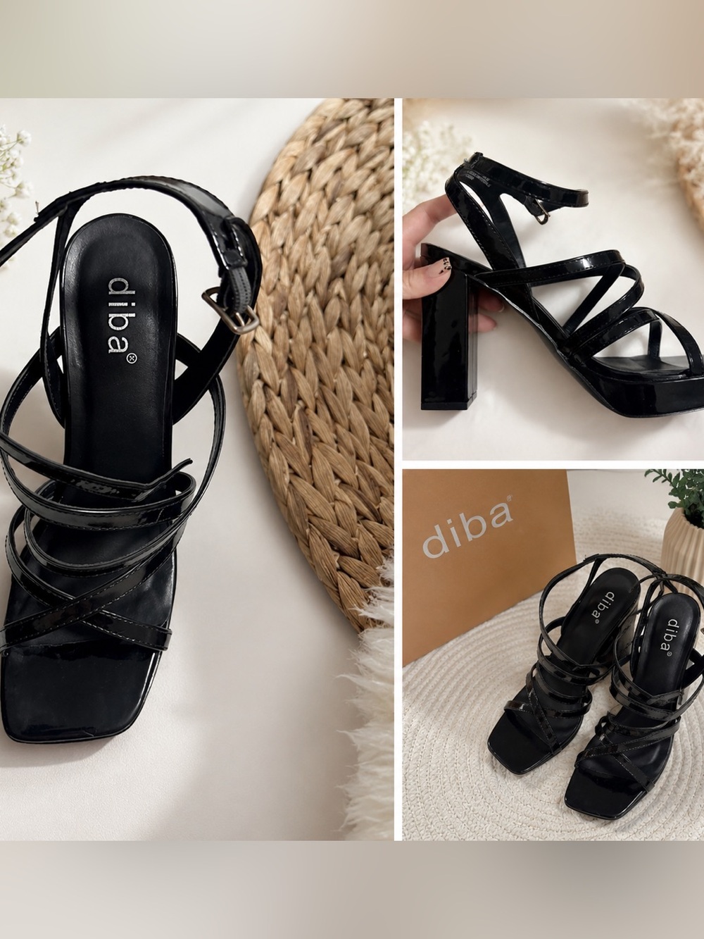 Black Patent Strappy Block Heel Sandals - Women